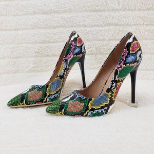 Black Multi Color Snake Print Pointy Toe High Heel Shoes Pumps